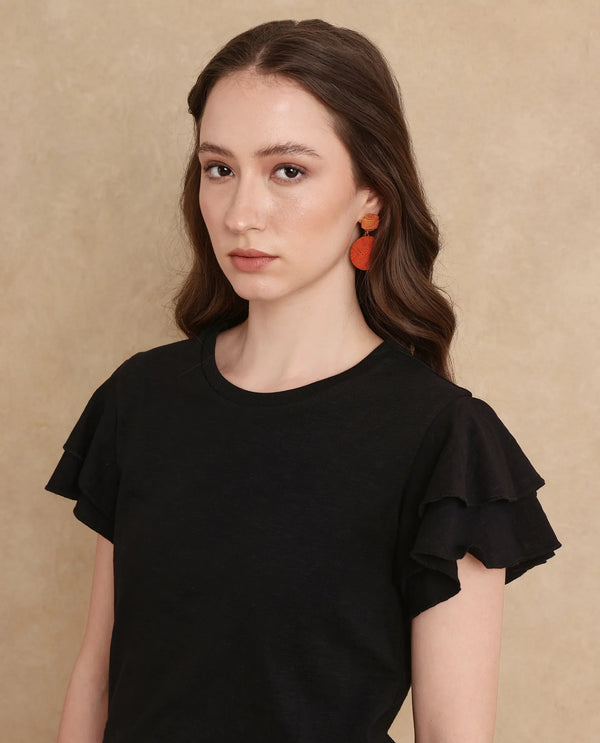 Rareism Women Janruf Black Rayon Nylon Fabric Ruffled Sleeve Band Collar Regular Fit Plain T-Shirt