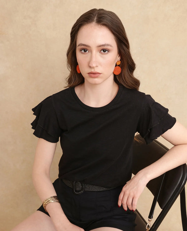 Rareism Women Janruf Black Rayon Nylon Fabric Ruffled Sleeve Band Collar Regular Fit Plain T-Shirt