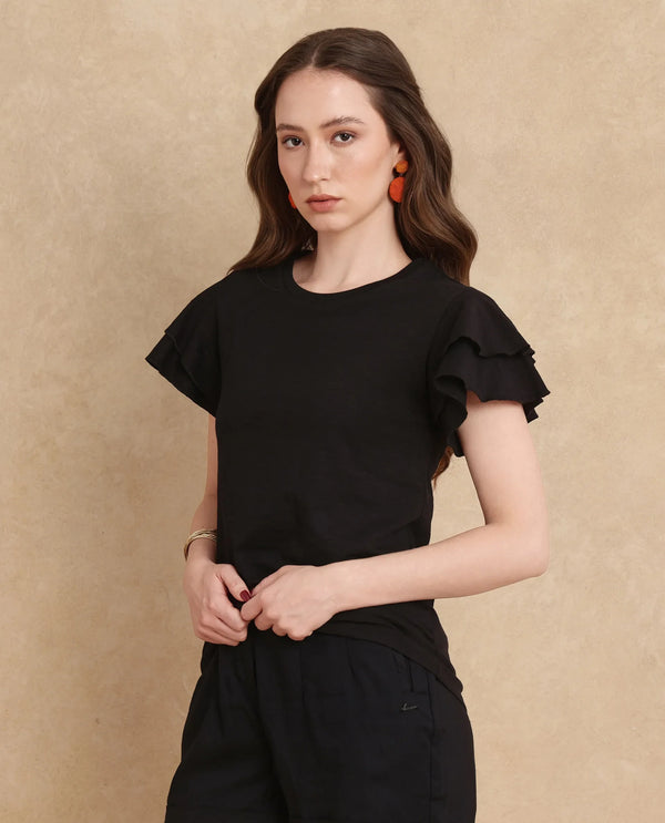 Rareism Women Janruf Black Rayon Nylon Fabric Ruffled Sleeve Band Collar Regular Fit Plain T-Shirt
