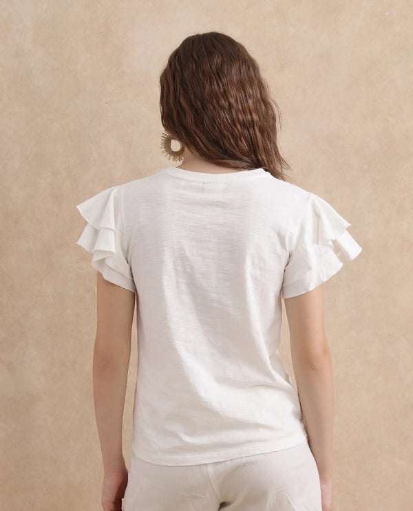 Rareism Women Janruf Off White Rayon Nylon Fabric Ruffled Sleeve Band Collar Regular Fit Plain T-Shirt