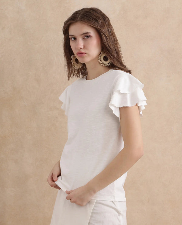 Rareism Women Janruf Off White Rayon Nylon Fabric Ruffled Sleeve Band Collar Regular Fit Plain T-Shirt