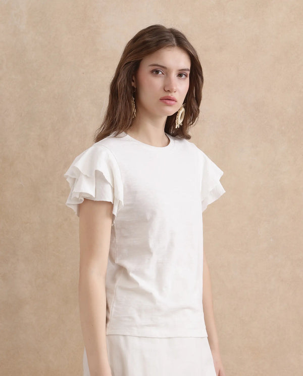 Rareism Women Janruf Off White Rayon Nylon Fabric Ruffled Sleeve Band Collar Regular Fit Plain T-Shirt
