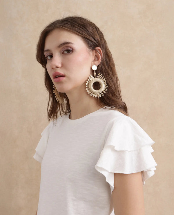 Rareism Women Janruf Off White Rayon Nylon Fabric Ruffled Sleeve Band Collar Regular Fit Plain T-Shirt