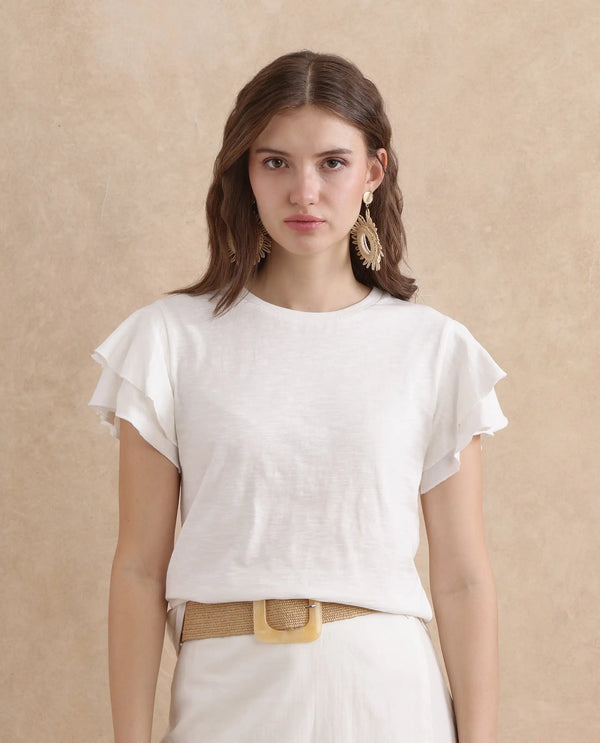 Rareism Women Janruf Off White Rayon Nylon Fabric Ruffled Sleeve Band Collar Regular Fit Plain T-Shirt
