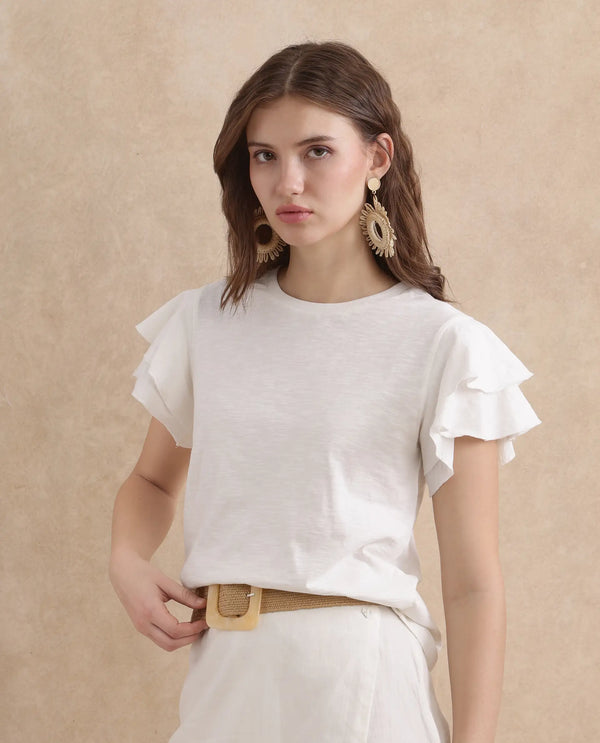 Rareism Women Janruf Off White Rayon Nylon Fabric Ruffled Sleeve Band Collar Regular Fit Plain T-Shirt