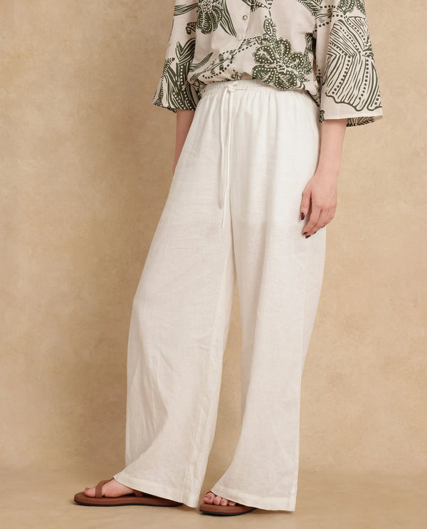 Rareism Women Janry Beige Viscose Linen Fabric V-Neck Straight Fit Ankle Length Plain Trouser