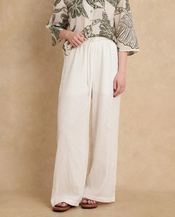 Rareism Women Janry Beige Viscose Linen Fabric V-Neck Straight Fit Ankle Length Plain Trouser