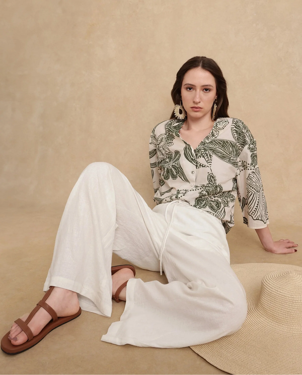 Rareism Women Janry Beige Viscose Linen Fabric V-Neck Straight Fit Ankle Length Plain Trouser