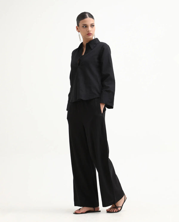 Rareism Women Janry Black 55% Viscose 45% Linen Fabric Straight Fit Ankle Length Plain Trouser