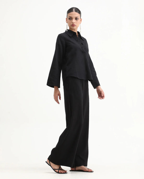Rareism Women Janry Black 55% Viscose 45% Linen Fabric Straight Fit Ankle Length Plain Trouser