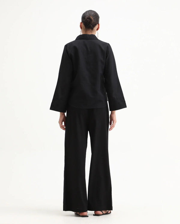 Rareism Women Janry Black 55% Viscose 45% Linen Fabric Straight Fit Ankle Length Plain Trouser