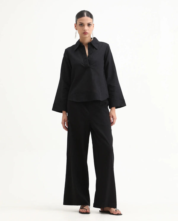 Rareism Women Janry Black 55% Viscose 45% Linen Fabric Straight Fit Ankle Length Plain Trouser
