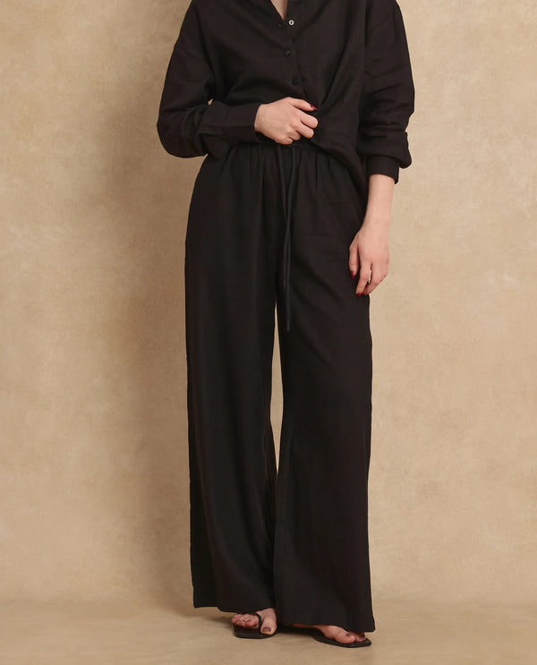 Rareism Women Janry Black Viscose Linen Fabric Straight Fit Ankle Length Plain Trouser