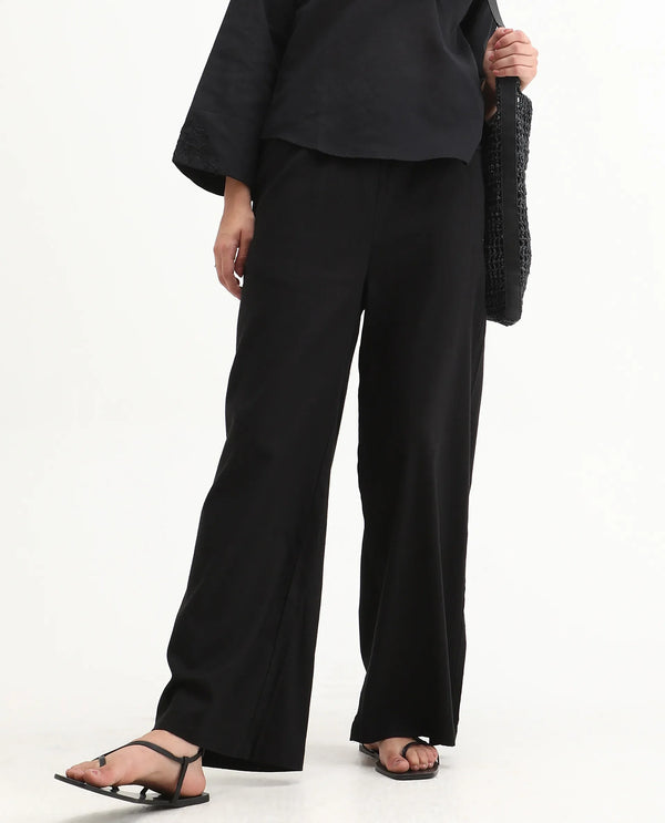Rareism Women Janry Black 55% Viscose 45% Linen Fabric Straight Fit Ankle Length Plain Trouser