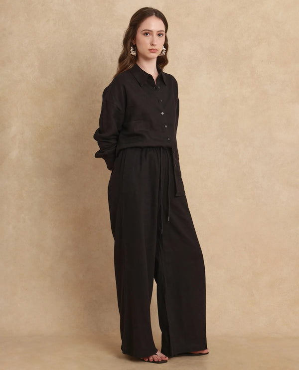 Rareism Women Janry Black Viscose Linen Fabric Straight Fit Ankle Length Plain Trouser