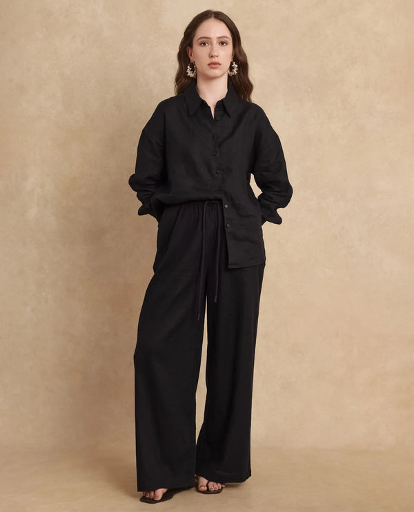 Rareism Women Janry Black Viscose Linen Fabric Straight Fit Ankle Length Plain Trouser