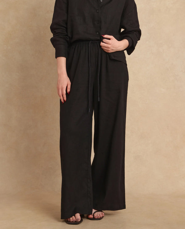 Rareism Women Janry Black Viscose Linen Fabric Straight Fit Ankle Length Plain Trouser