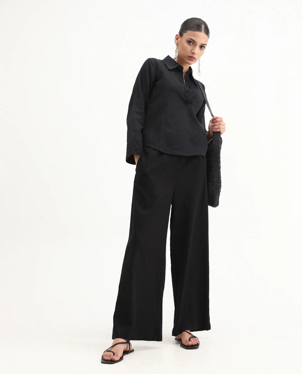 Rareism Women Janry Black 55% Viscose 45% Linen Fabric Straight Fit Ankle Length Plain Trouser