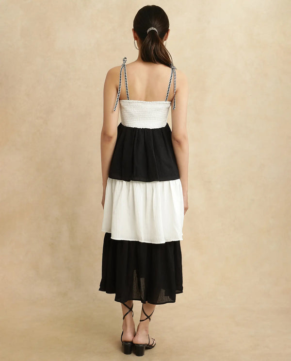 Rareism Women Jansto Off White Polyester Fabric Sleeveless Shoulder Straps Flared Midi Color Block Dress