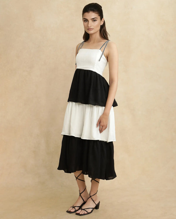 Rareism Women Jansto Off White Polyester Fabric Sleeveless Shoulder Straps Flared Midi Color Block Dress