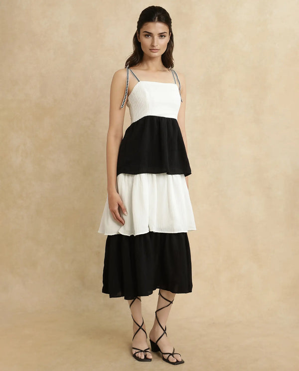 Rareism Women Jansto Off White Polyester Fabric Sleeveless Shoulder Straps Flared Midi Color Block Dress