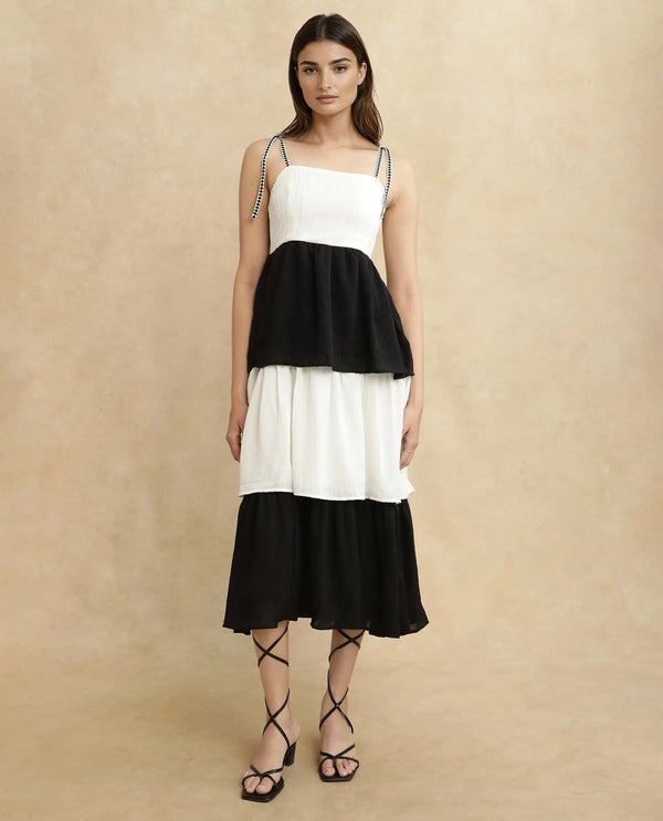 Rareism Women Jansto Off White Polyester Fabric Sleeveless Shoulder Straps Flared Midi Color Block Dress