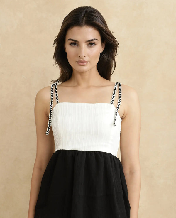 Rareism Women Jansto Off White Polyester Fabric Sleeveless Shoulder Straps Flared Midi Color Block Dress