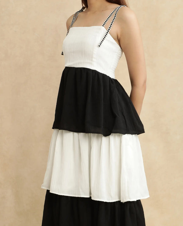 Rareism Women Jansto Off White Polyester Fabric Sleeveless Shoulder Straps Flared Midi Color Block Dress