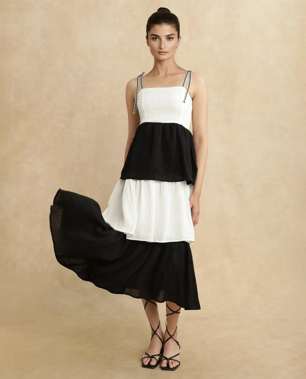 Rareism Women Jansto Off White Polyester Fabric Sleeveless Shoulder Straps Flared Midi Color Block Dress