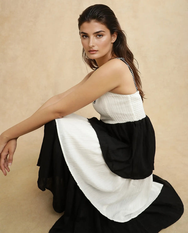 Rareism Women Jansto Off White Polyester Fabric Sleeveless Shoulder Straps Flared Midi Color Block Dress
