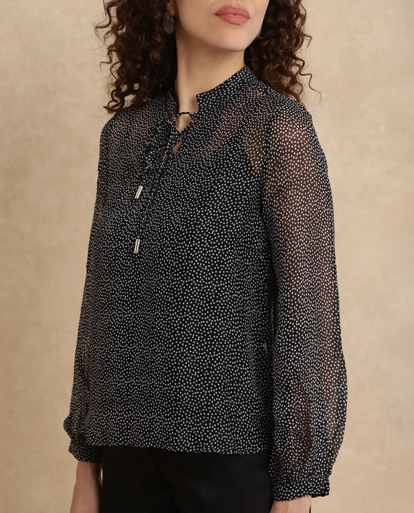 Rareism Women Jantab Black Viscose Fabric Bishop Sleeves Relaxed Fit Polka Print Top