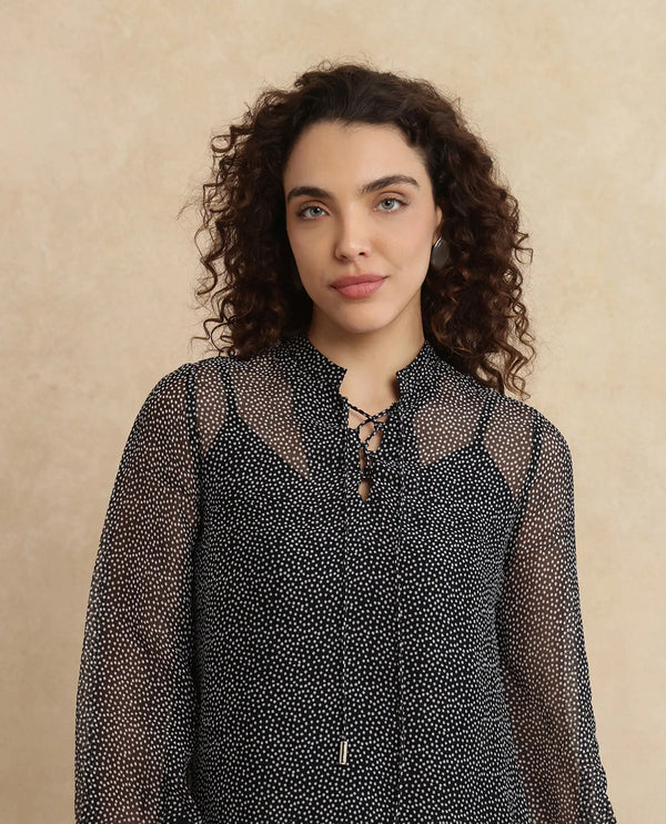 Rareism Women Jantab Black Viscose Fabric Bishop Sleeves Relaxed Fit Polka Print Top