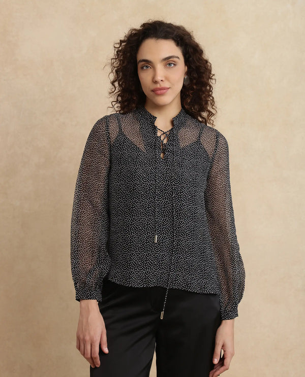 Rareism Women Jantab Black Viscose Fabric Bishop Sleeves Relaxed Fit Polka Print Top