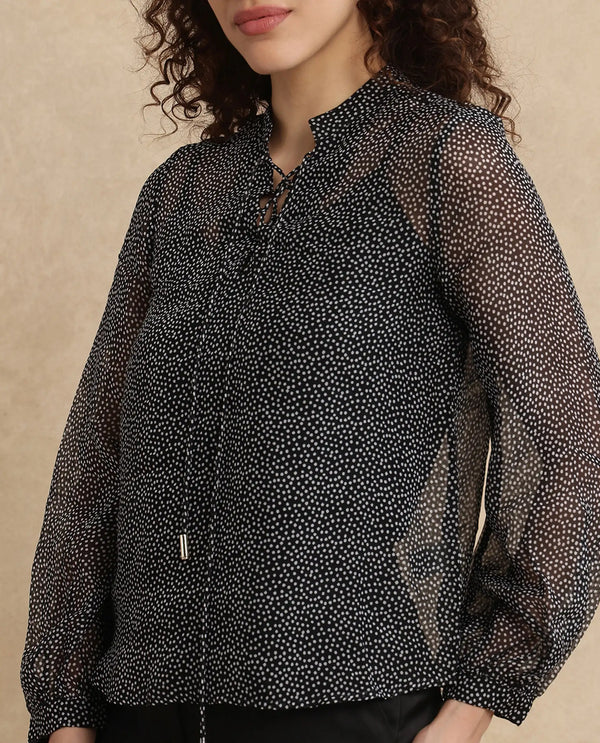 Rareism Women Jantab Black Viscose Fabric Bishop Sleeves Relaxed Fit Polka Print Top