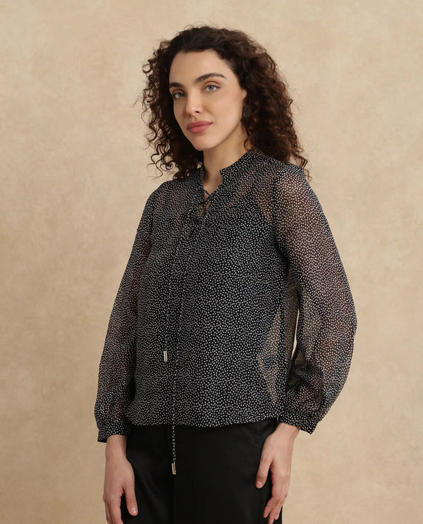 Rareism Women Jantab Black Viscose Fabric Bishop Sleeves Relaxed Fit Polka Print Top