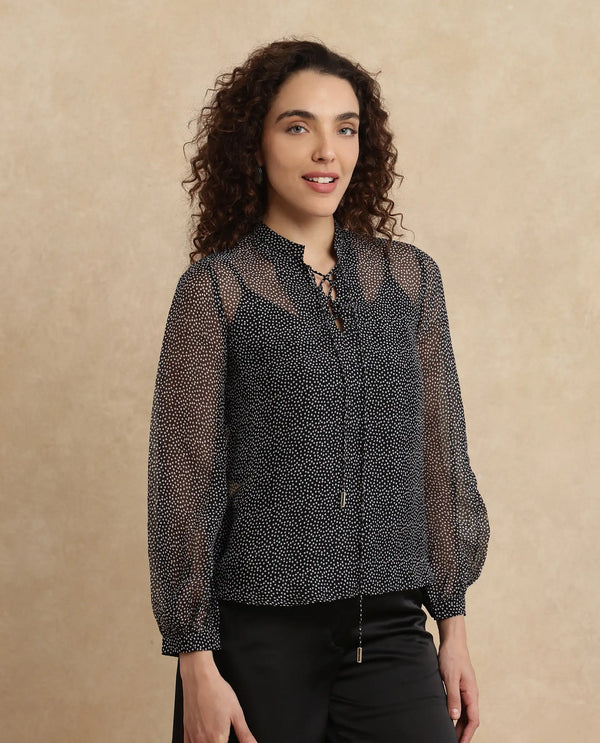 Rareism Women Jantab Black Viscose Fabric Bishop Sleeves Relaxed Fit Polka Print Top