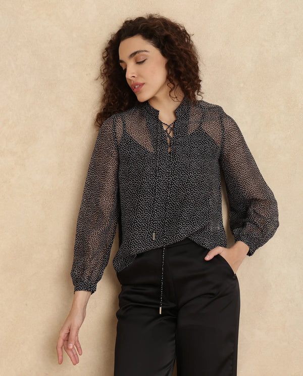 Rareism Women Jantab Black Viscose Fabric Bishop Sleeves Relaxed Fit Polka Print Top