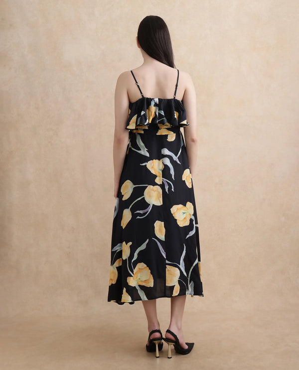 Rareism Women's Jantoto Black Viscose Fabric Shoulder Straps Zipper Closure Sleeveless Floral Print Fit And Flare Midi Dress