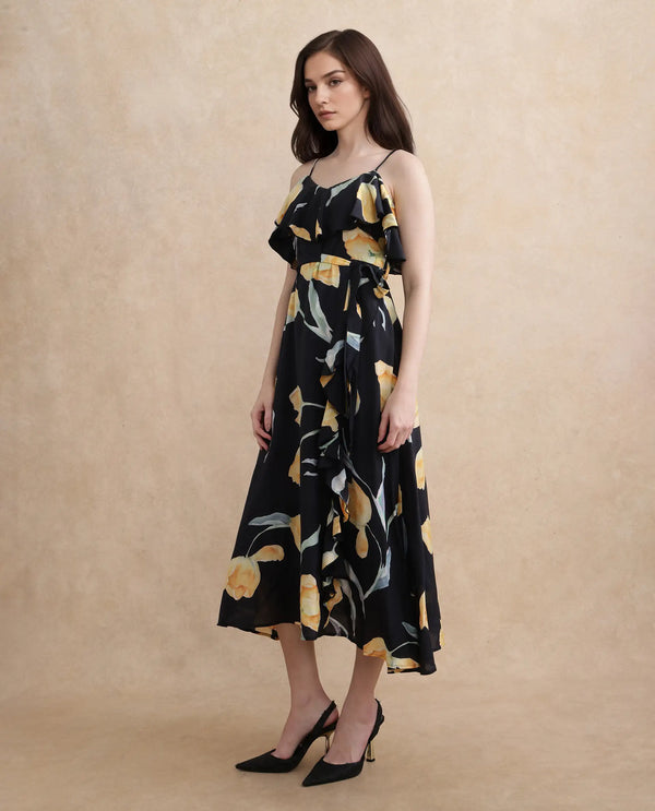 Rareism Women's Jantoto Black Viscose Fabric Shoulder Straps Zipper Closure Sleeveless Floral Print Fit And Flare Midi Dress