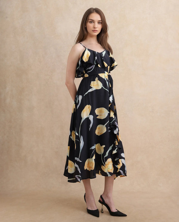 Rareism Women's Jantoto Black Viscose Fabric Shoulder Straps Zipper Closure Sleeveless Floral Print Fit And Flare Midi Dress