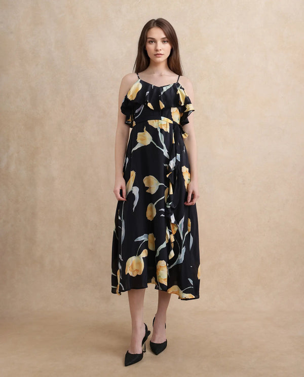 Rareism Women's Jantoto Black Viscose Fabric Shoulder Straps Zipper Closure Sleeveless Floral Print Fit And Flare Midi Dress