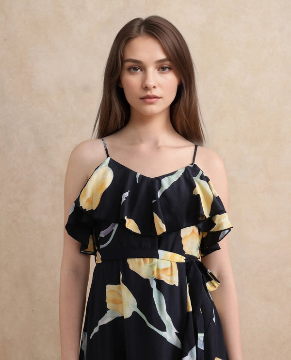Rareism Women's Jantoto Black Viscose Fabric Shoulder Straps Zipper Closure Sleeveless Floral Print Fit And Flare Midi Dress