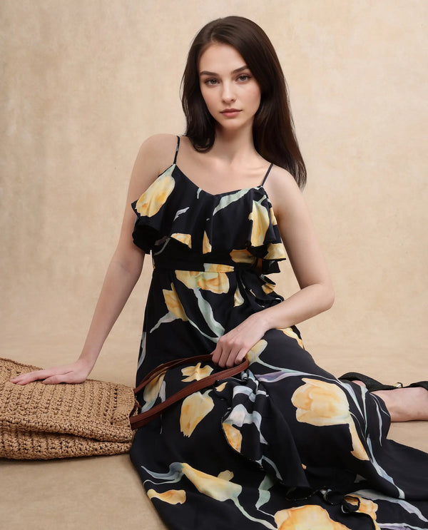 Rareism Women's Jantoto Black Viscose Fabric Shoulder Straps Zipper Closure Sleeveless Floral Print Fit And Flare Midi Dress
