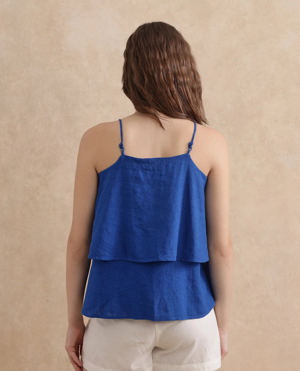 Rareism Women Januana Blue 55% Viscose 45%Linen Fabric Sleeveless Tie Up Neck Flared Plain Top