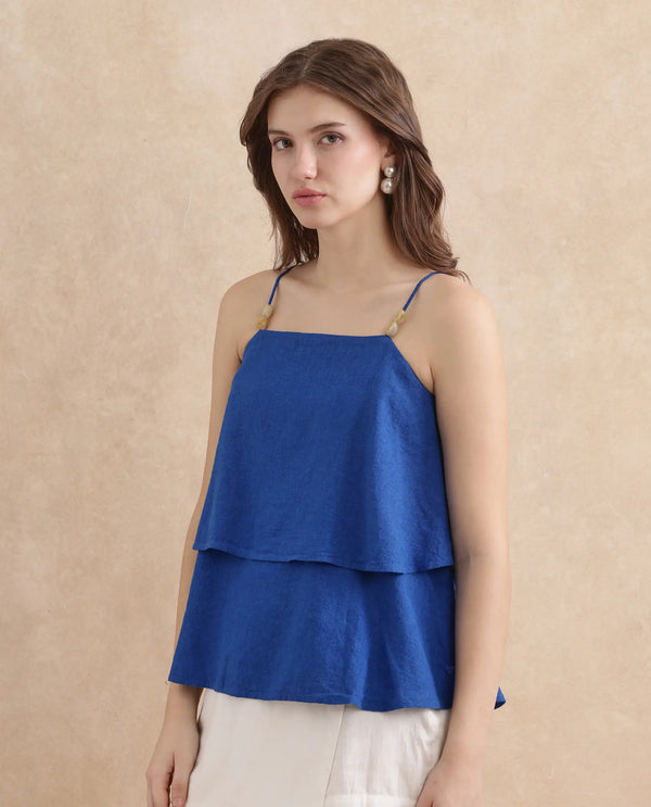 Rareism Women Januana Blue 55% Viscose 45%Linen Fabric Sleeveless Tie Up Neck Flared Plain Top