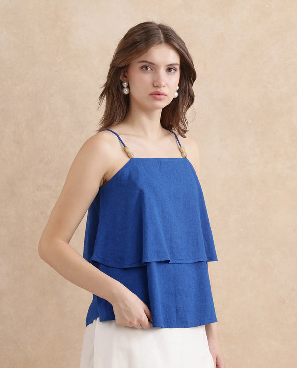 Rareism Women Januana Blue 55% Viscose 45%Linen Fabric Sleeveless Tie Up Neck Flared Plain Top