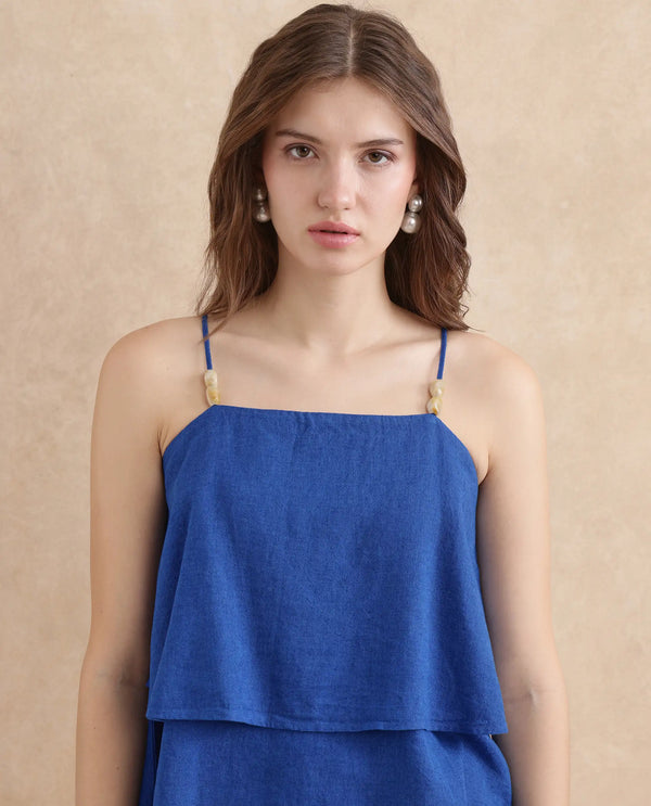 Rareism Women Januana Blue 55% Viscose 45%Linen Fabric Sleeveless Tie Up Neck Flared Plain Top