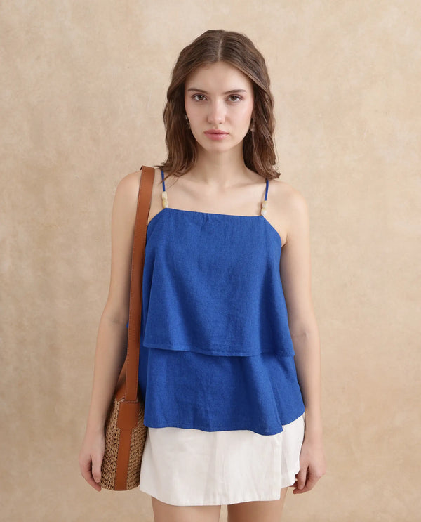 Rareism Women Januana Blue 55% Viscose 45%Linen Fabric Sleeveless Tie Up Neck Flared Plain Top