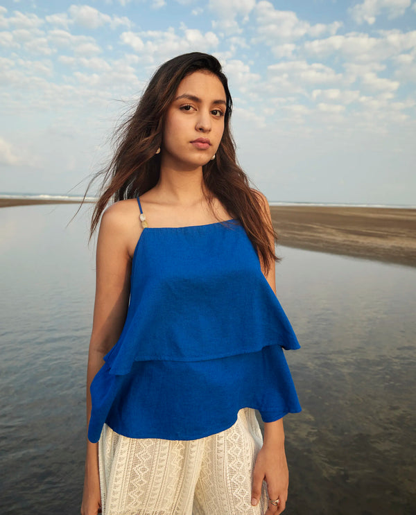 Rareism Women Januana Blue 55% Viscose 45%Linen Fabric Sleeveless Tie Up Neck Flared Plain Top