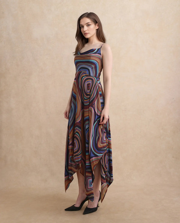 Rareism Women Janudya Dark Multi Viscose Fabric Sleeveless Fit And Flare Maxi Abstract Print Dress